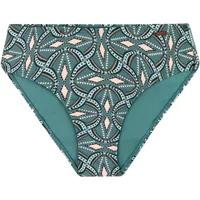 Teal and pink patterned women's swimsuit bottoms with geometric design, by Protest Mixcelebes.