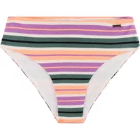 Striped women's swimsuit bottoms by Protest Mixkim, featuring purple, orange, and green horizontal stripes.