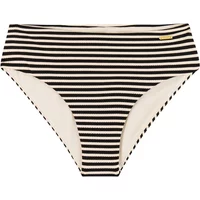 Black and white striped women's swimsuit bottoms, high-waisted, with small gold logo tag on waistband.