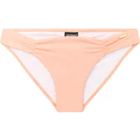 Peach-colored women's swimsuit bottoms by Protest with ruched sides and a small gold tag.