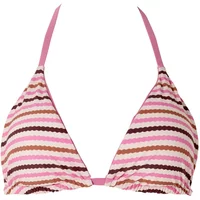 Pink and brown striped halter bikini top with triangle cups and ruched detailing.