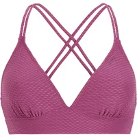 Purple textured women's swimsuit top with crisscross double straps and V-neckline.