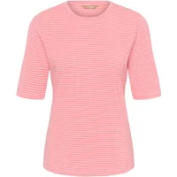 Pink and white striped women's T-shirt with short sleeves and crew neckline.
