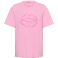 Pink women's T-shirt with textured lip print design on the front.