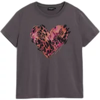 Gray women's T-shirt by Desigual with a colorful heart-shaped leopard print design on the front.