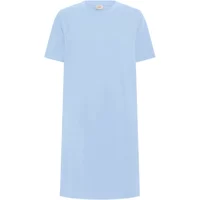 Light blue women's t-shirt dress by fransa, short sleeves, knee-length, simple design.