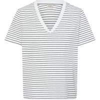 White and black striped women's V-neck T-shirt by fransa with short sleeves.