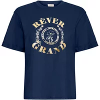 Navy women's T-shirt by fransa with "Rêver Grand" text and floral emblem in cream on the front.