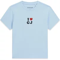Light blue women's T-shirt by Guess with "I ❤️ GJ" printed in black and red on the front.