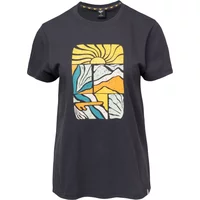 Black Hi-Tec Gladys women's T-shirt with colorful geometric mountain and sun graphic on the front.