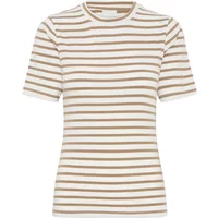 White and brown striped women's T-shirt Ichi IHMira Ss3 with short sleeves and round neckline.