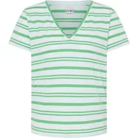 White and green striped women's V-neck T-shirt by Ichi, short sleeves, casual fit.