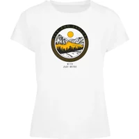 White women's T-shirt with mountain and sun graphic, "SeekAndExplore" text, by Just Rhyse.