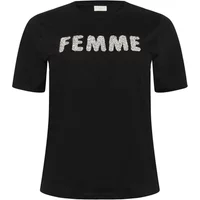 Black women's T-shirt KAFFE Curve KCAriana with "FEMME" in white textured letters on the front.
