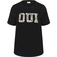 Black KAFFE Curve Lucie women's T-shirt with "OUI" in bold white letters on the front.
