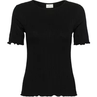 Black women's T-shirt KAFFE KAMary Solid, ribbed texture, short sleeves, scalloped edges, round neckline.