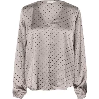 Gray women's KAFFE Luna T-shirt with black polka dots, V-neck, and long sleeves.