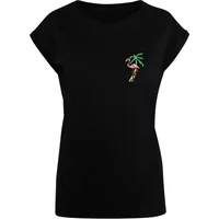 Black women's T-shirt with extended shoulders, featuring a small embroidered flamingo and palm tree on the chest.