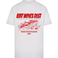 White women's T-shirt with red "Life Moves Fast Grab What Is Good" text and graphic design on the front.