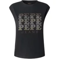 Black women's T-shirt by Pepe Jeans with bold "PEPE" text pattern in gray and white, sleeveless design.