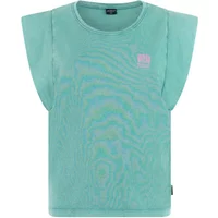 Women's mint green T-shirt with cap sleeves, crew neck, and small pink logo on chest.