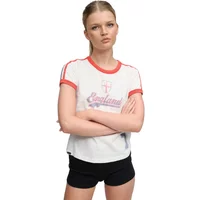 White Superdry women's T-shirt with red athletic stripes, England graphic, and red trim on sleeves and collar.