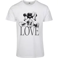 White women's T-shirt featuring Minnie and Mickey Mouse sitting above the word "LOVE" in bold black letters.