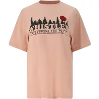 Beige Whistler women's T-shirt with forest graphic, red sun, and bold logo on front.