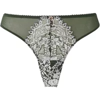 Green women's tanga with intricate white lace detailing and a small decorative charm at the front waistband.