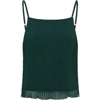 Dark green pleated women's tank top with thin straps and a slightly flared hem.