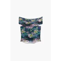 Colorful Desigual Munich women's tank top with floral pattern, off-shoulder design, and layered ruffled fabric.