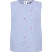 Blue women's tank top with white stripes, floral pattern, and tie-back detail.