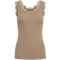 Beige women's tank top fransa FRHizamond 1 with lace-trimmed scoop neckline and scalloped edges.