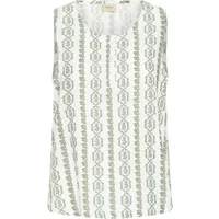 White fransa Sophia women's tank top with green geometric vertical patterns and a round neckline.