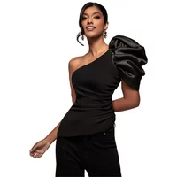Black one-shoulder tank top with asymmetric ruffled sleeve, fitted design by Goddiva.