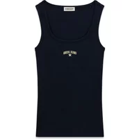 Black women's tank top by Guess with ribbed texture and embroidered logo on the front.