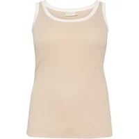 Beige women's tank top with white contrast trim by KAFFE Curve, featuring a scoop neckline and sleeveless design.