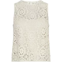 Cream lace women's tank top with intricate floral patterns, sleeveless design, and round neckline by Moss Copenhagen.