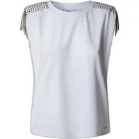White women's tank top by Pepe Jeans with studded shoulder details and fringe accents.