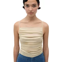 Beige Rita Row Sheila women's tank top with thin straps and ruched front, worn by a model with short dark hair.