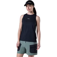 Black Rossignol Active women's tank top with white logo on chest, paired with green shorts and black cap.