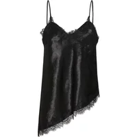 Black satin women's tank top with lace trim, asymmetrical hem, and thin spaghetti straps by Soaked in Luxury.