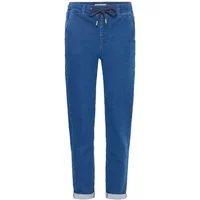 Women's tapered jeans by fransa, blue denim with cuffed hems and drawstring waist.