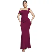 Off-the-shoulder burgundy tight dress by Goddiva with a floor-length design and fitted silhouette.