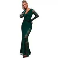 Green Goddiva Scuba & Lace women's tight dress with long lace sleeves and a deep V-neckline.