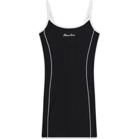 Black women's tight dress by Guess with white piping, spaghetti straps, and embroidered logo on chest.