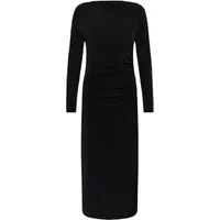 Black long-sleeve tight dress with a boat neckline and ruched side detail by Soaked in Luxury.