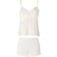 White polka dot women's top and shorts set with spaghetti straps and lace trim by Brigitte Bardot.