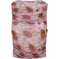 Pink Balou Floral women's top with ruched sides, featuring red and brown floral pattern on a soft, sleeveless design.