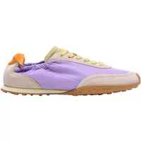 Lilac and beige women's trainers with yellow laces, orange heel detail, and textured brown sole.